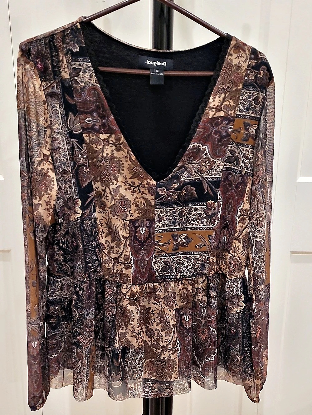 Desigual Paisley Boho V-Neck Blouse in Brown Tan & Black Size Medium